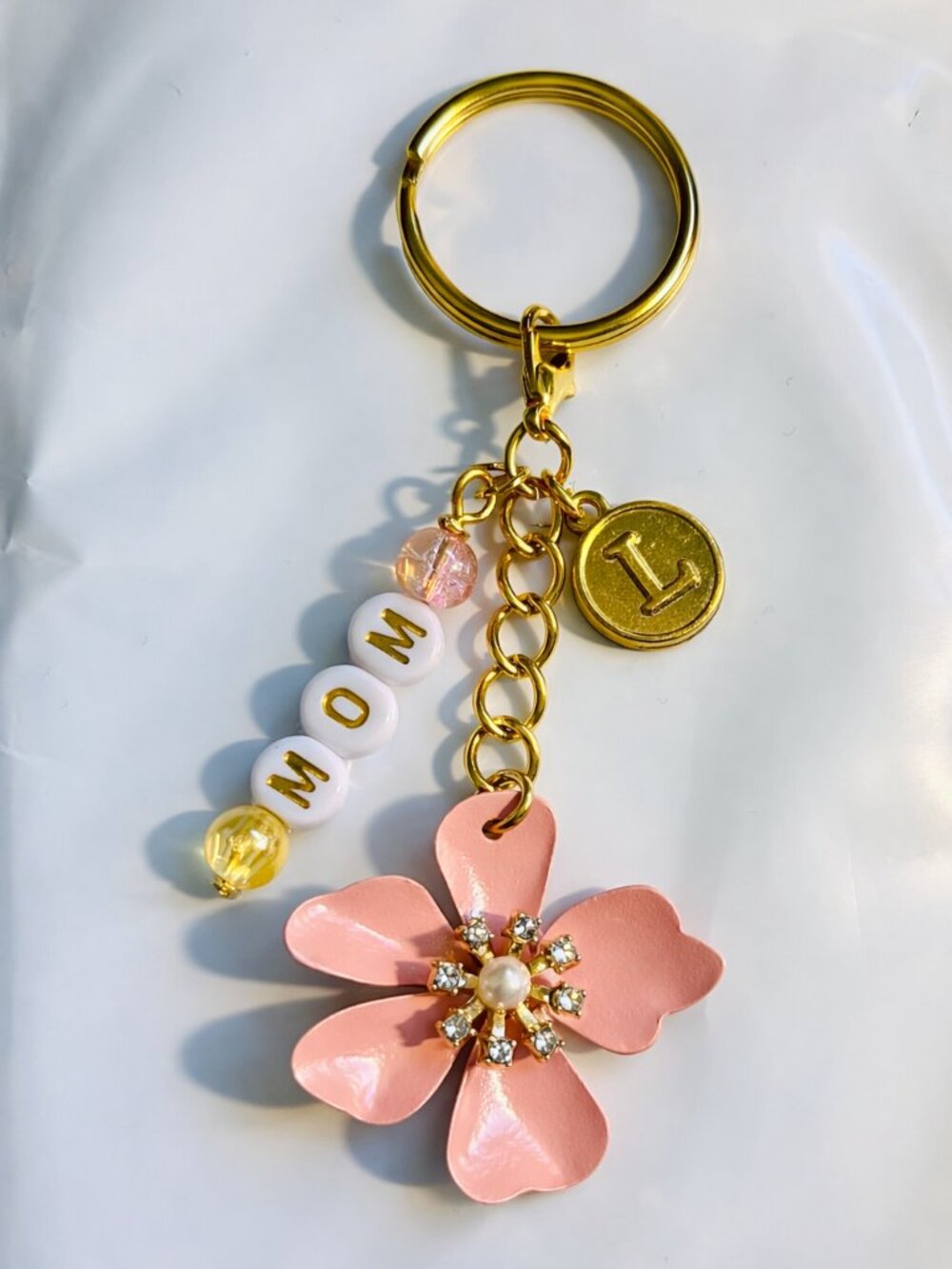 Pink Flower MOM Keychain • Gold Initial Charm • Mother’s Day Gift